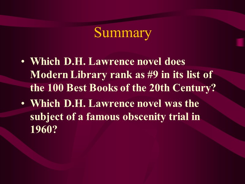Summary Which D.H. Lawrence novel does Modern Library rank as #9 in its list